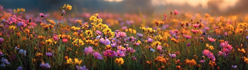 Obraz premium A field of blooming wildflowers under a golden sunset sky