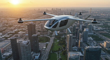 An Aerial Drone Transporting Over a Modern City with a Sunset View