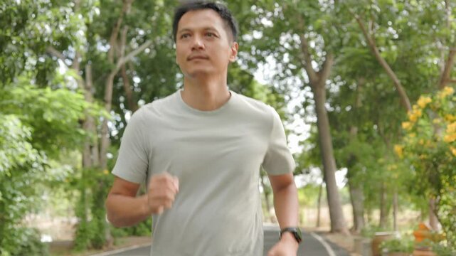 Handsome Asian man jogs in the morning in a shady green park. in different poses and perspectives make him physically fit and in a good mood. green park background.
