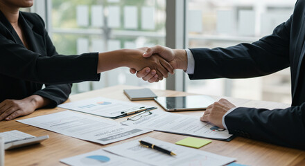 Partnership handshake at the business office table as part of a financial agreement