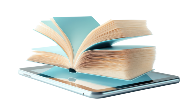 Innovative Concept of Digital Reading with a Book Emerging from a Tablet Device on a Clean Background