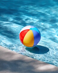 Bright, inflatable ball floats in crystal clear water near the pool edge