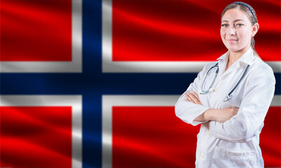 Female doctor on Norway flag. Doctor with crossed arms on Norway flag. Norway health and care concept