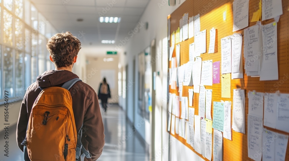 Aufkleber university student walking through a school hallway, carrying a backpack while reading messages and 