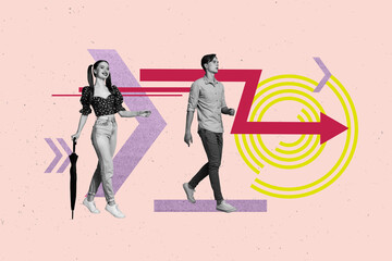 Template image collage of people run walk follow arrows button lines on pink color background