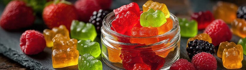 CBG gummies jar resting by fresh fruit