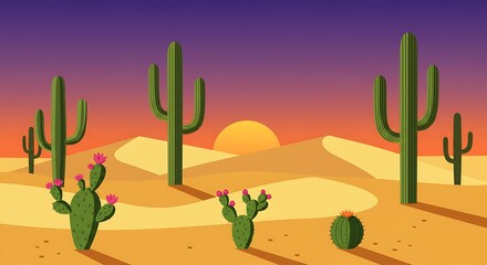 A vivid illustration of a desert landscape at sunset, showcasing various cacti, some with blooming flowers, set against a backdrop of rolling sand dunes and a colorful sky.