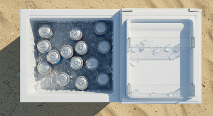 Ice-filled cooler with soda cans on sandy background
