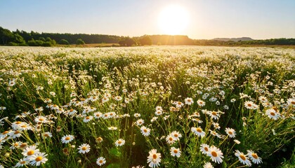 Blooming chamomile field at sunset serenity and natural beauty with golden light.