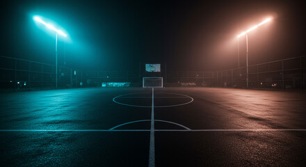 Night Basketball Court Neon Lights and Foggy Atmosphere