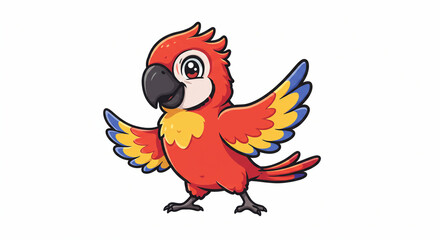Obraz premium Cartoon parrot with red feathers yellow neck bluetipped wings standing on white backdrop