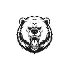 Angry Grizzly Bear Logo, Front View With Roaring Mouth and Sharp Fangs, Clean Black Outlines