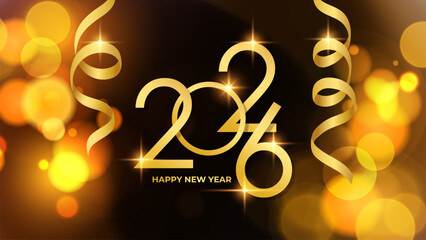 2026 Happy New Year festive background. Golden ribbons and bright blurred bokeh lights. Vector illustration.
