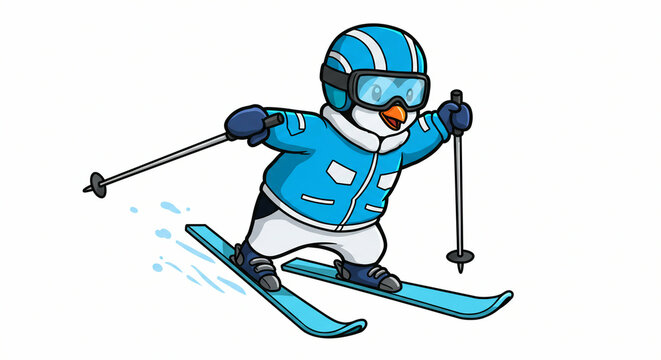 Cartoon penguin in blue ski gear skis on snow