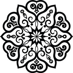 Intricate black and white mandala design with heart shapes, ornamental symmetrical pattern art

