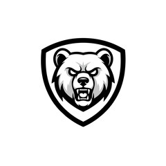 Modern Angry Bear Logo, Stylized Bear Head Inside a Shield Shape, Strong Black Outlines