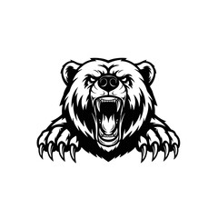 Angry Bear Logo, Roaring Bear Head Logo, Sharp Claws and Wide Open Jaws, Monochrome Vector Lines