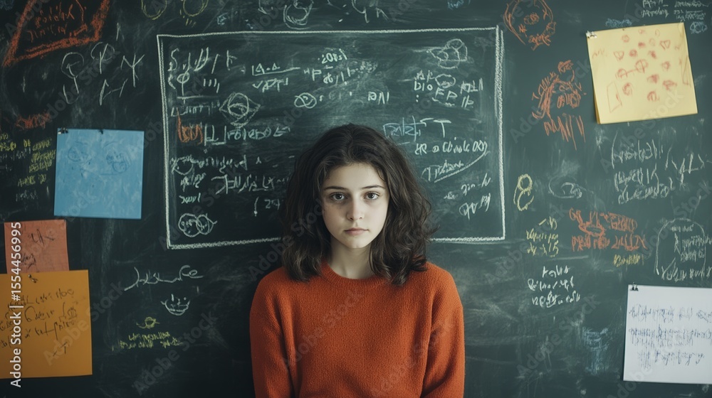 Poster portrait of a serious young student standing in front of a blackboard covered with math formulas, dr