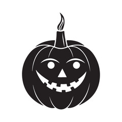 Black silhouette of a happy jack o lantern with a flame on top against a white background
