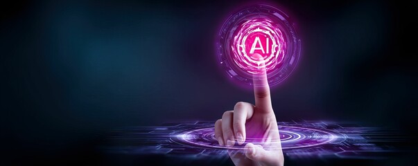 Finger touches glowing AI icon; futuristic technology concept art