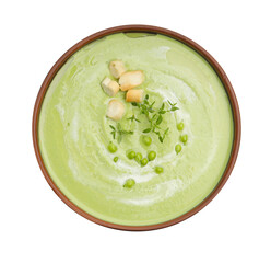 Tasty pea cream soup with croutons and thyme isolated on white, top view