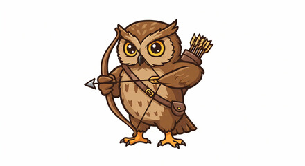 Owl archer with bow arrow quiver Brown plumage yellow eyes aiming pose