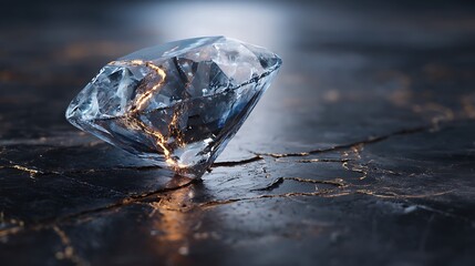 Sparkling Diamond on Cracked Surface with Golden Veins CloseUp, Detailed Gemstone