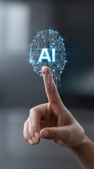 A finger touching a glowing digital brain with AI text overlayed on it