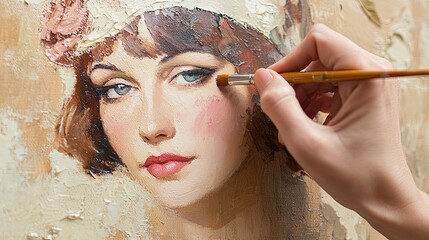 A hand painting a portrait of a young woman with brown hair and blue eyes. The woman wears a floral headband. The artwork showcases fine details and vibrant colors.