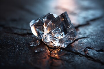 Sparkling Ice Crystal Formation on Dark Textured Surface with Reflective Highlights and Shadows