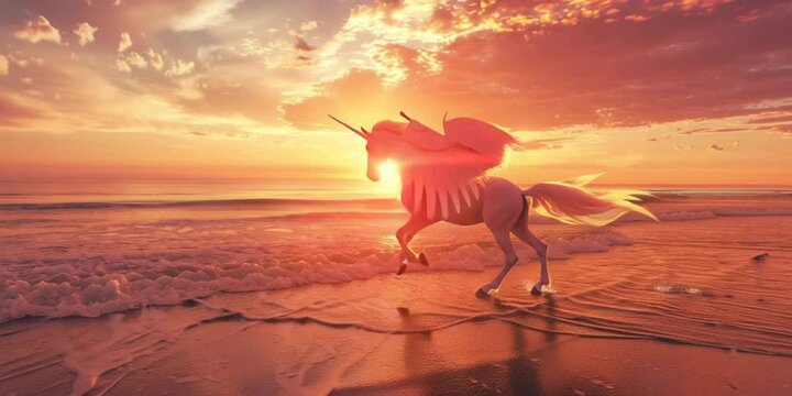 Majestic Winged Unicorn at Sunset Beach
