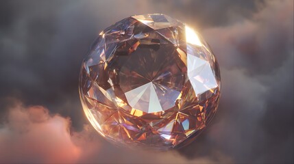 Sparkling RoundCut Diamond Reflecting Golden Light Against Dramatic Cloudy Sky Background Gemstone