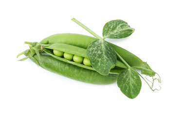 Fresh green peas in pods isolated and sprout on white