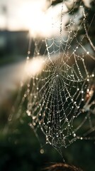 Spiderweb Covered in Dewdrops Glitters in Morning Sunlight, Against Green Bokeh Background, Detailed Macro