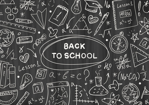 Back to School chalkboard with hand-drawn school supplies. Chalkboard banner design. Education concept, text space, information announcement. Notebook, pencil, globe, tasks, map, books doodle clipart.