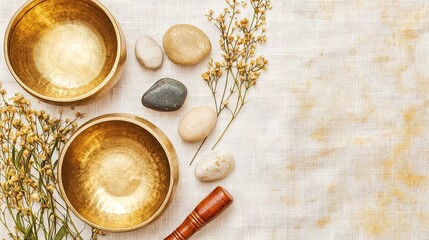 Two golden singing bowls placed on a textured surface with smooth stones and dried flowers nearby. A wooden mallet rests beside the bowls.