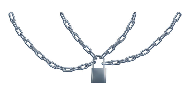 3d metal chain isolated. Vector silver steel locked icon. Security hanging padlock realistic render. Abstract safety connected rings, long strong heavy border. Closed blocked access, protected parcel