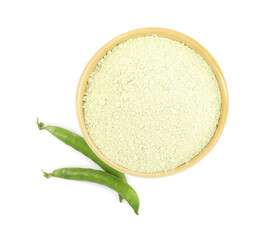 Protein powder in bowl and green peas isolated on white, top view