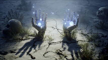 Stone Hands Glowing with Magic on Cracked Earth, Skull in Distance, Fantasy Concept