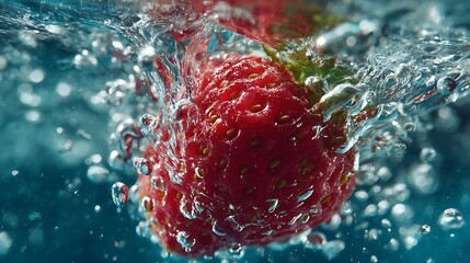 Strawberry Splashing into Water Closeup View with Bubbles and Vibrant Colors in Motion