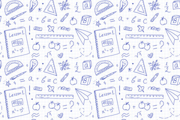 School supplies, a seamless pattern drawn with a pen on a checkered background. The concept of Education and science. A Back to School print for Knowledge Day with outline drawings on a notebook sheet