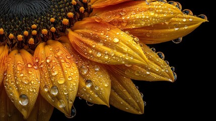 Sunflower Petals with Water Droplets Closeup Photography of Yellow Flower Against Black Background