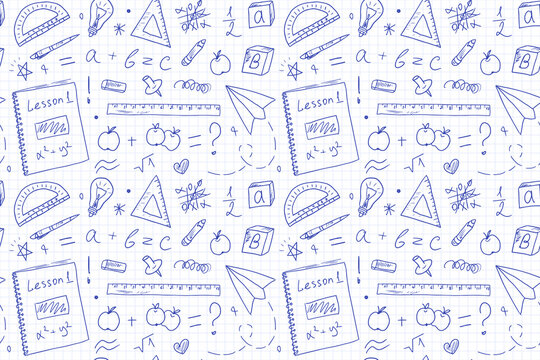 School supplies, a seamless pattern drawn with a pen on a checkered background. The concept of Education and science. A Back to School print for Knowledge Day with outline drawings on a notebook sheet
