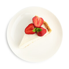 Piece of tasty cheesecake with strawberries and mint isolated on white, top view