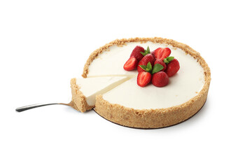 Tasty cheesecake with strawberries, mint and server isolated on white