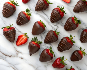 Chocolate covered strawberries on marble background, elegant romantic dessert.