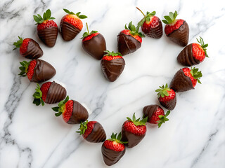Arrangement of chocolate strawberries in the shape of a heart, on a marble background.