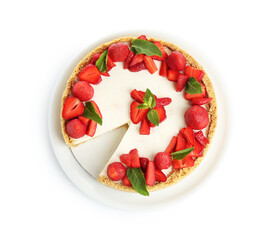 Delicious cheesecake with strawberries and mint isolated on white, top view