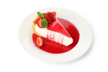 Piece of tasty cheesecake with strawberries, sauce and mint isolated on white, above view