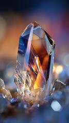 Translucent Quartz Crystal with Internal Reflections and Refractions, Surrounded by Smaller Crystals on Colorful Backdrop